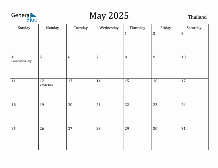 May 2025 Calendar Thailand