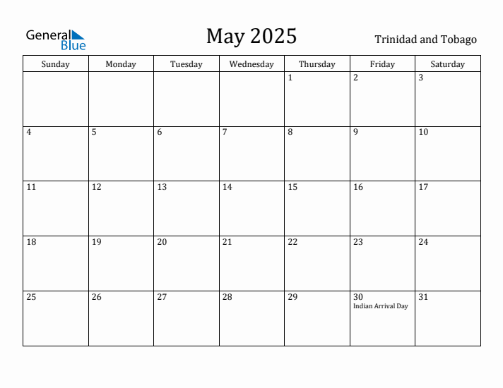 May 2025 Calendar Trinidad and Tobago