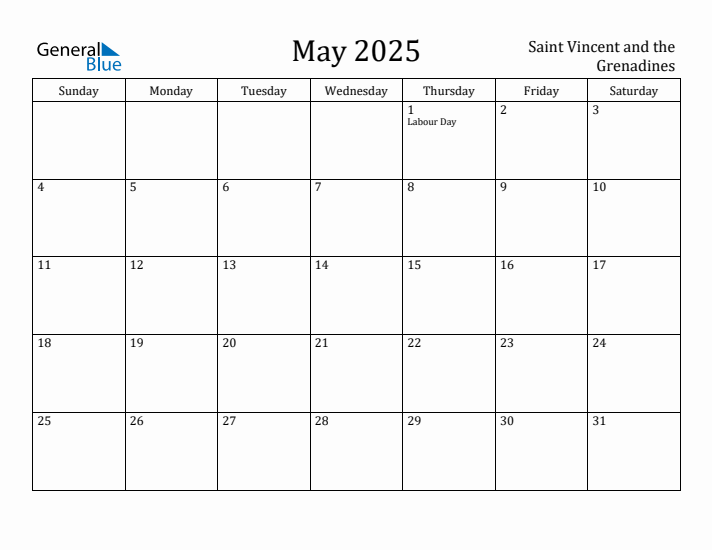 May 2025 Calendar Saint Vincent and the Grenadines
