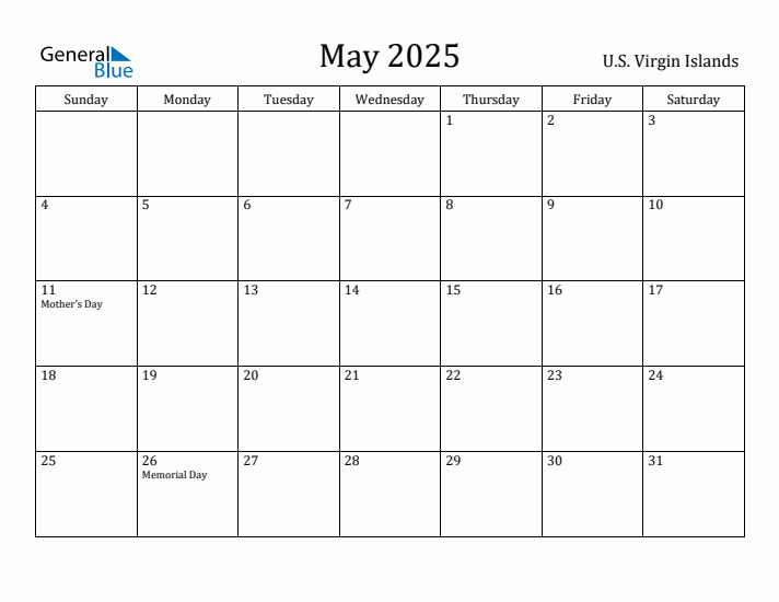 May 2025 Calendar U.S. Virgin Islands
