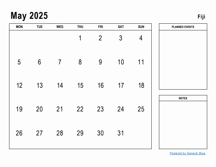 May 2025 Printable Monthly Calendar with Fiji Holidays