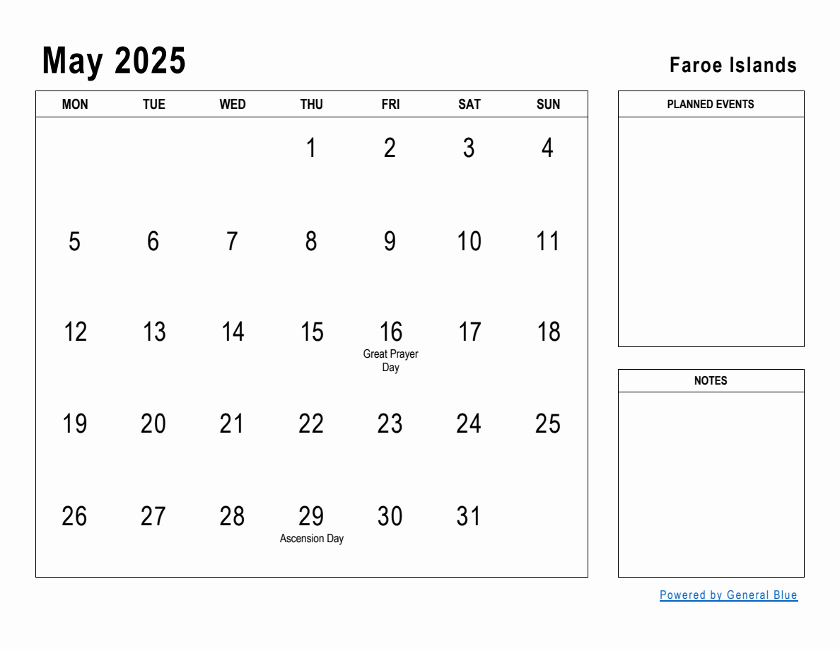 May 2025 Planner with Faroe Islands Holidays (Monday Start)