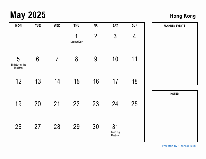 May 2025 Printable Monthly Calendar with Hong Kong Holidays