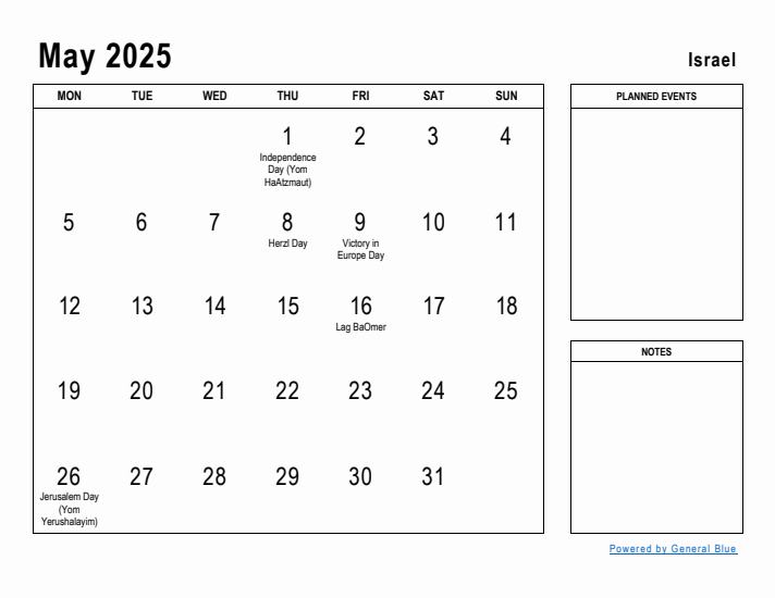 May 2025 Printable Monthly Calendar with Israel Holidays