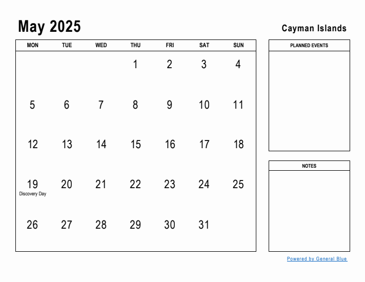 May 2025 Printable Monthly Calendar with Cayman Islands Holidays