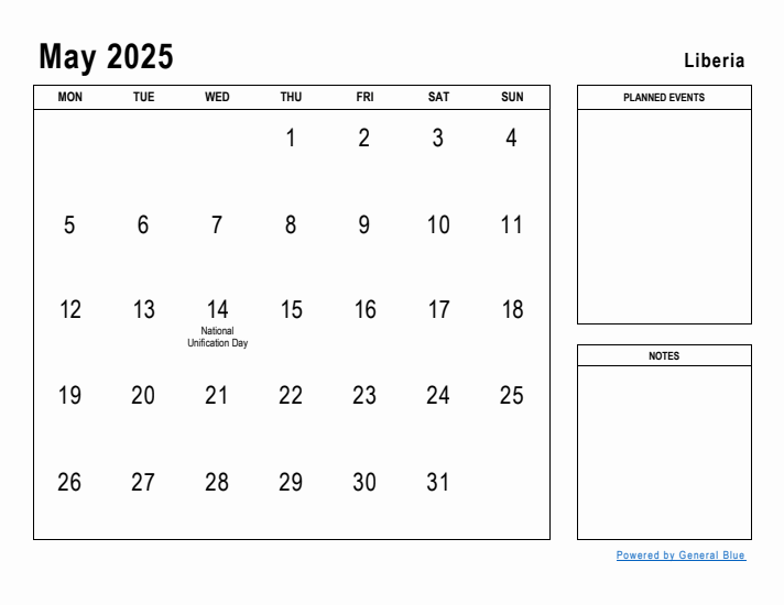 May 2025 Printable Monthly Calendar with Liberia Holidays