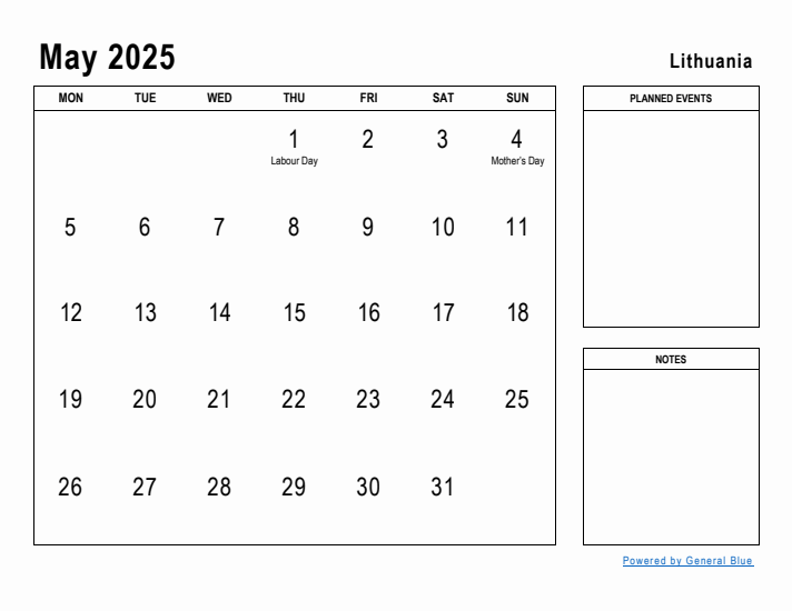 May 2025 Printable Monthly Calendar with Lithuania Holidays