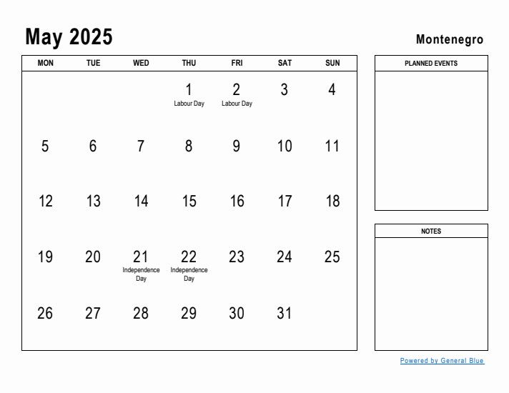 May 2025 Printable Monthly Calendar with Montenegro Holidays