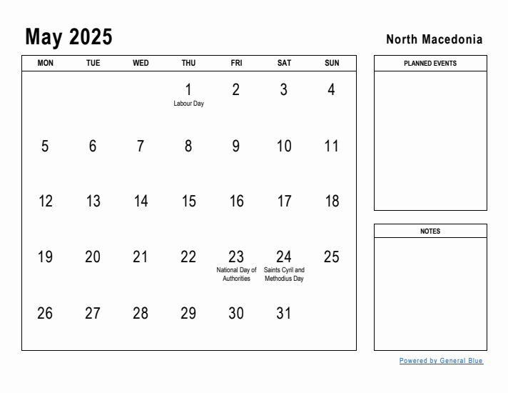 May 2025 Printable Monthly Calendar with North Macedonia Holidays