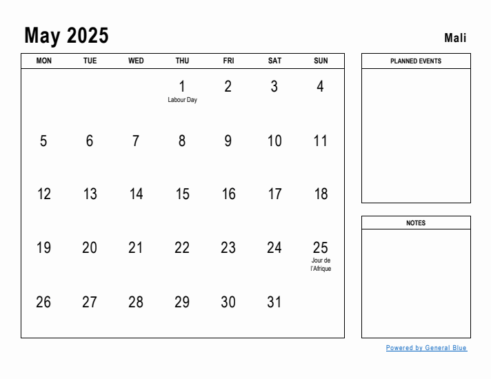 May 2025 Printable Monthly Calendar with Mali Holidays