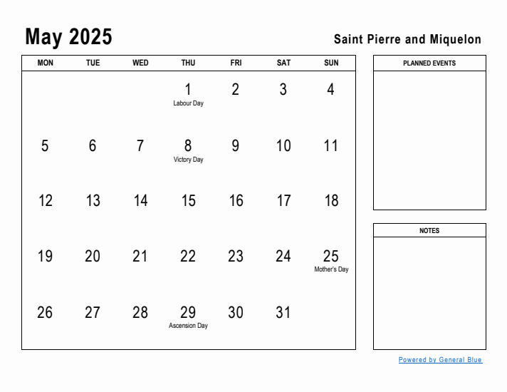 May 2025 Printable Monthly Calendar with Saint Pierre and Miquelon Holidays