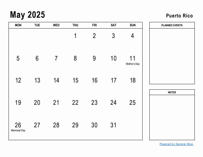 May 2025 Printable Monthly Calendar with Puerto Rico Holidays