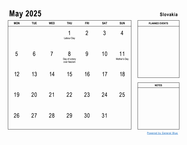 May 2025 Printable Monthly Calendar with Slovakia Holidays