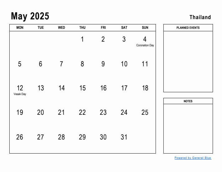 May 2025 Printable Monthly Calendar with Thailand Holidays