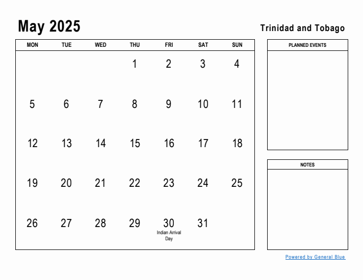 May 2025 Printable Monthly Calendar with Trinidad and Tobago Holidays