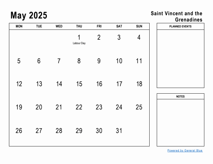 May 2025 Printable Monthly Calendar with Saint Vincent and the Grenadines Holidays