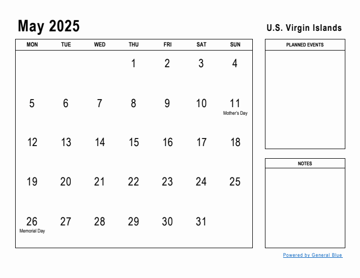 May 2025 Printable Monthly Calendar with U.S. Virgin Islands Holidays