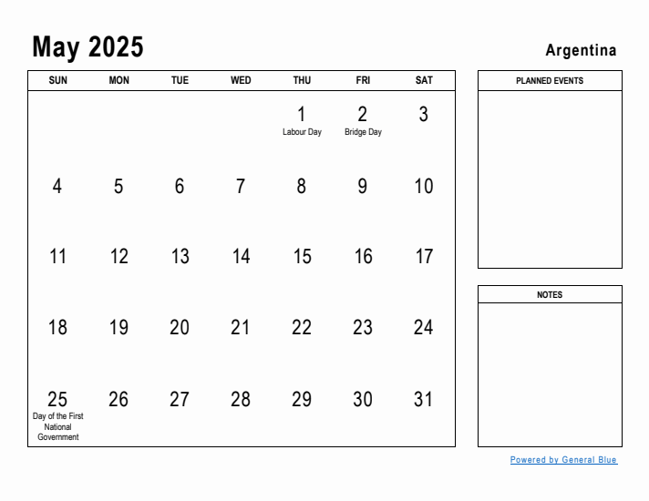 May 2025 Printable Monthly Calendar with Argentina Holidays