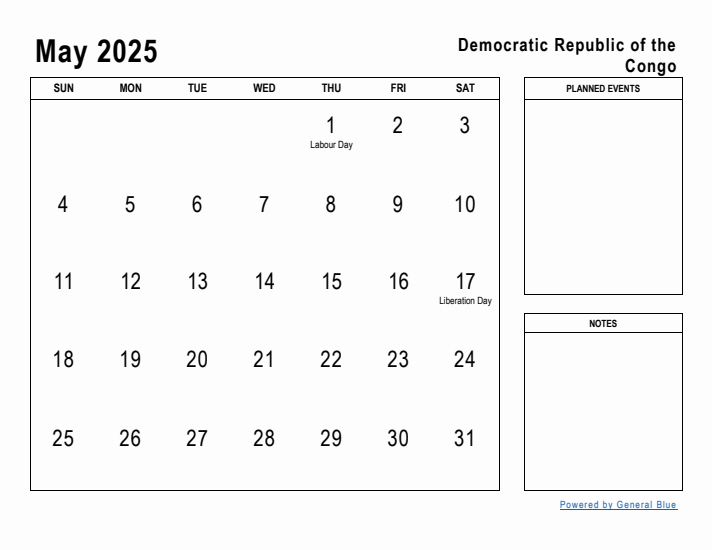 May 2025 Printable Monthly Calendar with Democratic Republic of the Congo Holidays