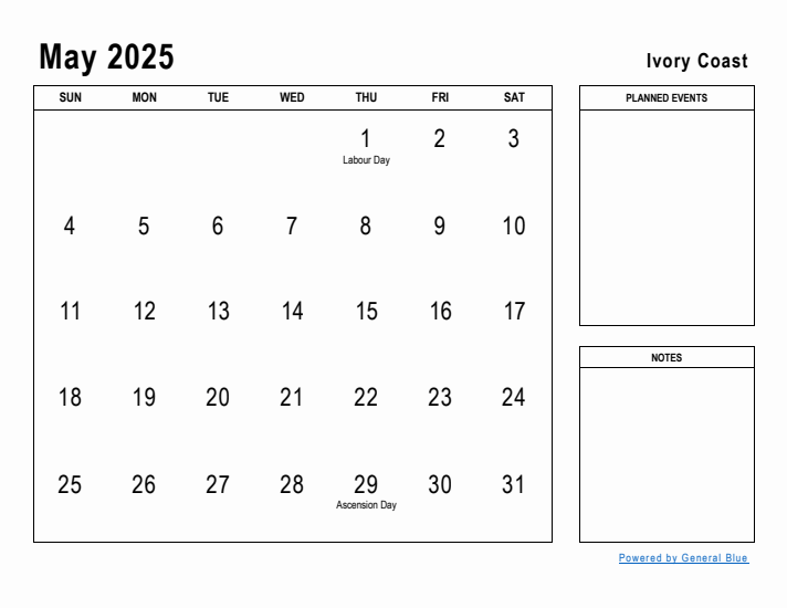 May 2025 Printable Monthly Calendar with Ivory Coast Holidays