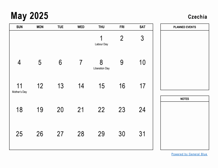 May 2025 Printable Monthly Calendar with Czechia Holidays