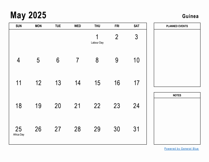 May 2025 Printable Monthly Calendar with Guinea Holidays