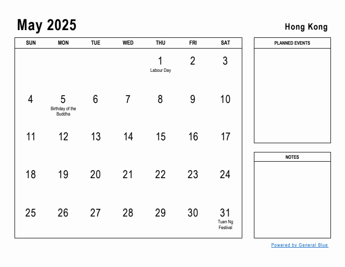 May 2025 Printable Monthly Calendar with Hong Kong Holidays