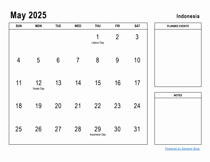 May 2025 Printable Monthly Calendar with Indonesia Holidays