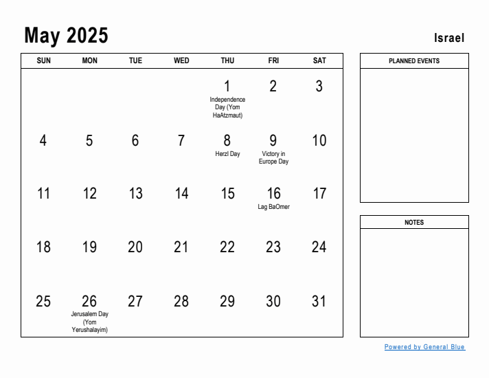 May 2025 Printable Monthly Calendar with Israel Holidays