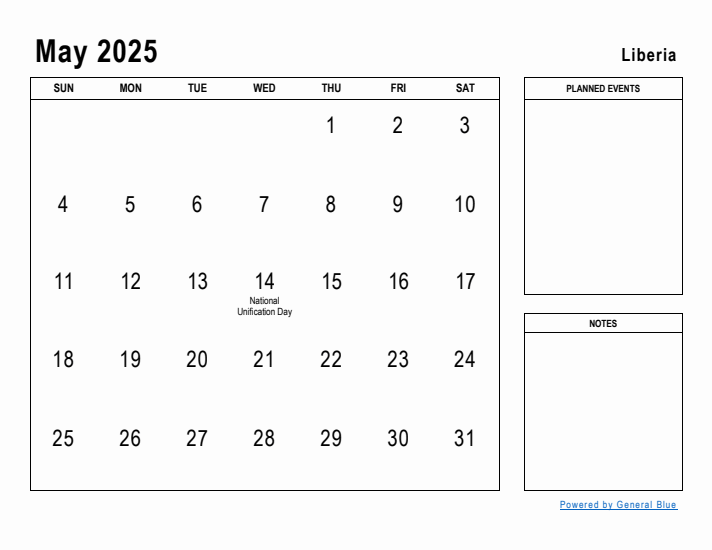 May 2025 Printable Monthly Calendar with Liberia Holidays