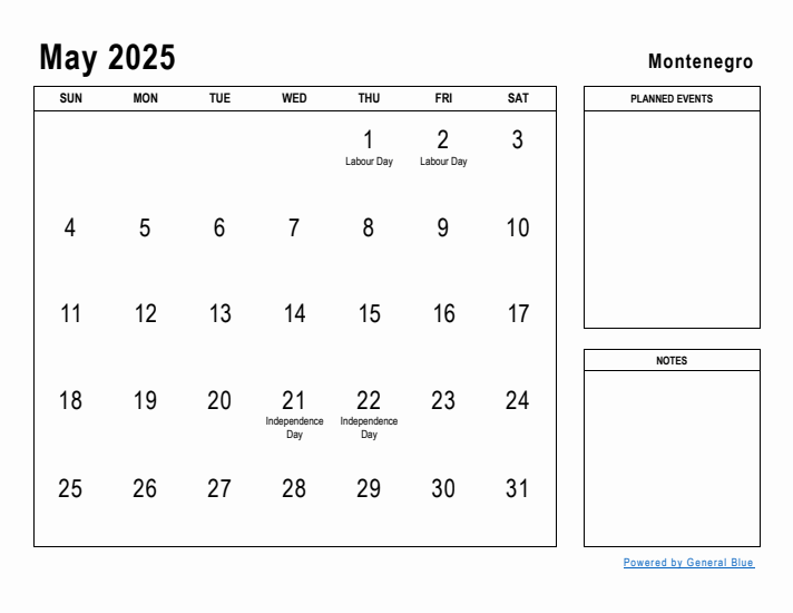 May 2025 Printable Monthly Calendar with Montenegro Holidays