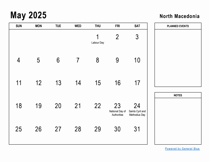 May 2025 Printable Monthly Calendar with North Macedonia Holidays