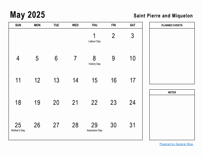 May 2025 Printable Monthly Calendar with Saint Pierre and Miquelon Holidays