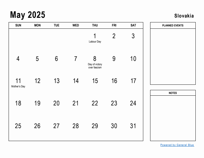 May 2025 Printable Monthly Calendar with Slovakia Holidays