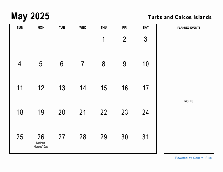 May 2025 Printable Monthly Calendar with Turks and Caicos Islands Holidays