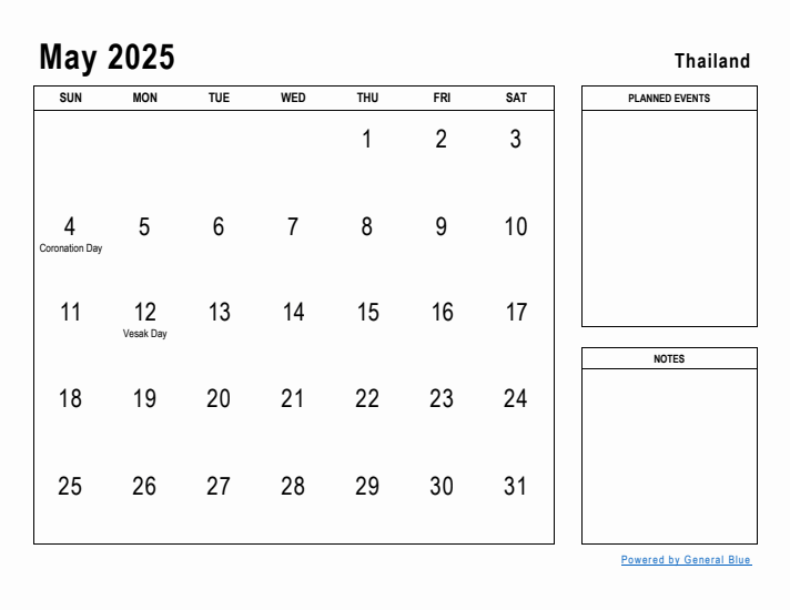 May 2025 Printable Monthly Calendar with Thailand Holidays
