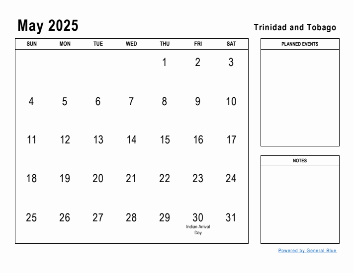 May 2025 Printable Monthly Calendar with Trinidad and Tobago Holidays