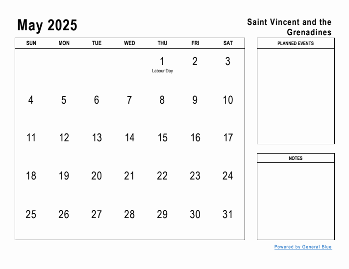 May 2025 Printable Monthly Calendar with Saint Vincent and the Grenadines Holidays