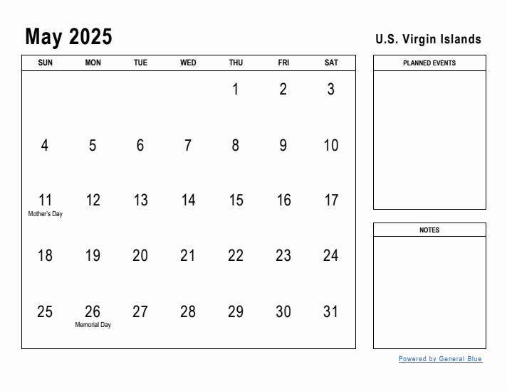 May 2025 Printable Monthly Calendar with U.S. Virgin Islands Holidays