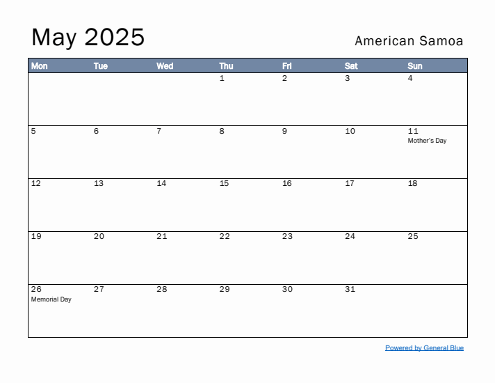 May 2025 Simple Monthly Calendar for American Samoa