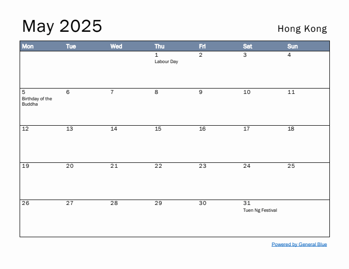 May 2025 Simple Monthly Calendar for Hong Kong