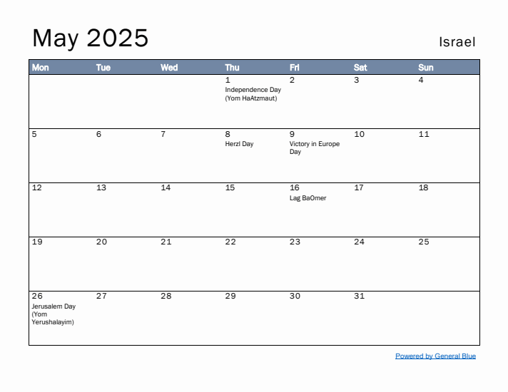 May 2025 Simple Monthly Calendar for Israel