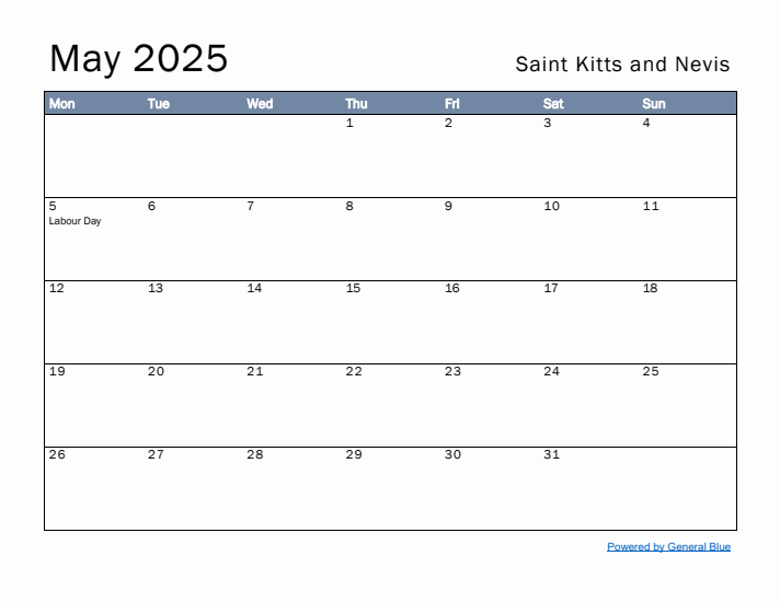 May 2025 Simple Monthly Calendar for Saint Kitts and Nevis