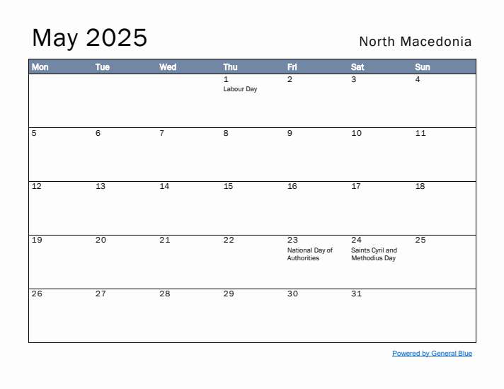 May 2025 Simple Monthly Calendar for North Macedonia