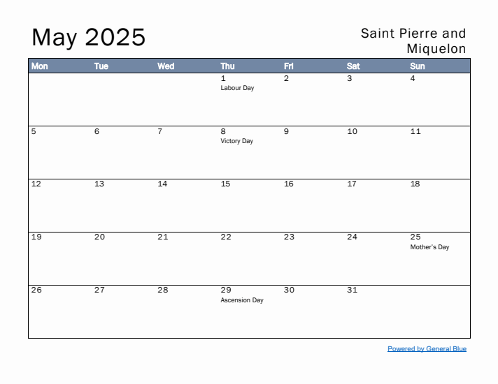 May 2025 Simple Monthly Calendar for Saint Pierre and Miquelon