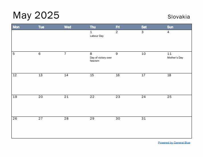 May 2025 Simple Monthly Calendar for Slovakia