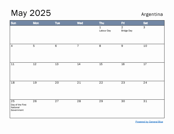 May 2025 Simple Monthly Calendar for Argentina