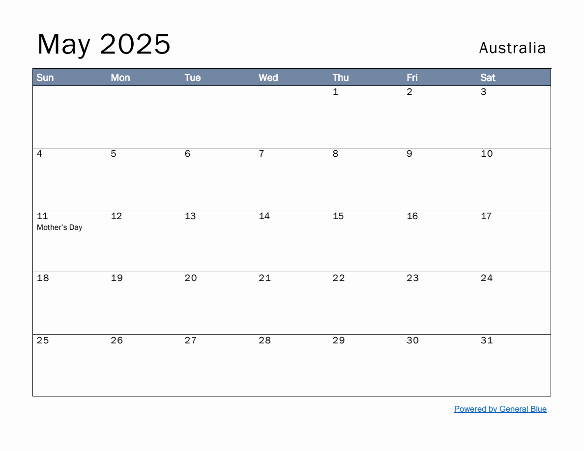 Free monthly calendar template for may 2025 with australia holidays