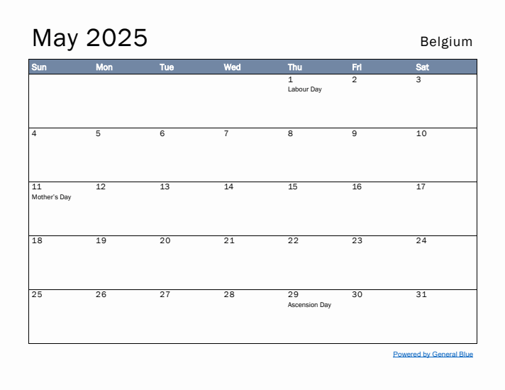 May 2025 Simple Monthly Calendar for Belgium
