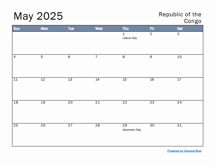 May 2025 Simple Monthly Calendar for Republic of the Congo